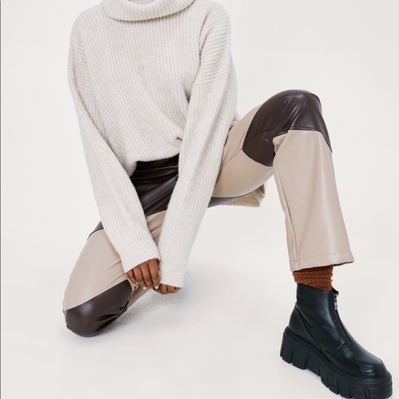 Color Block Faux Leather Flared Pants - Picture 2 of 4